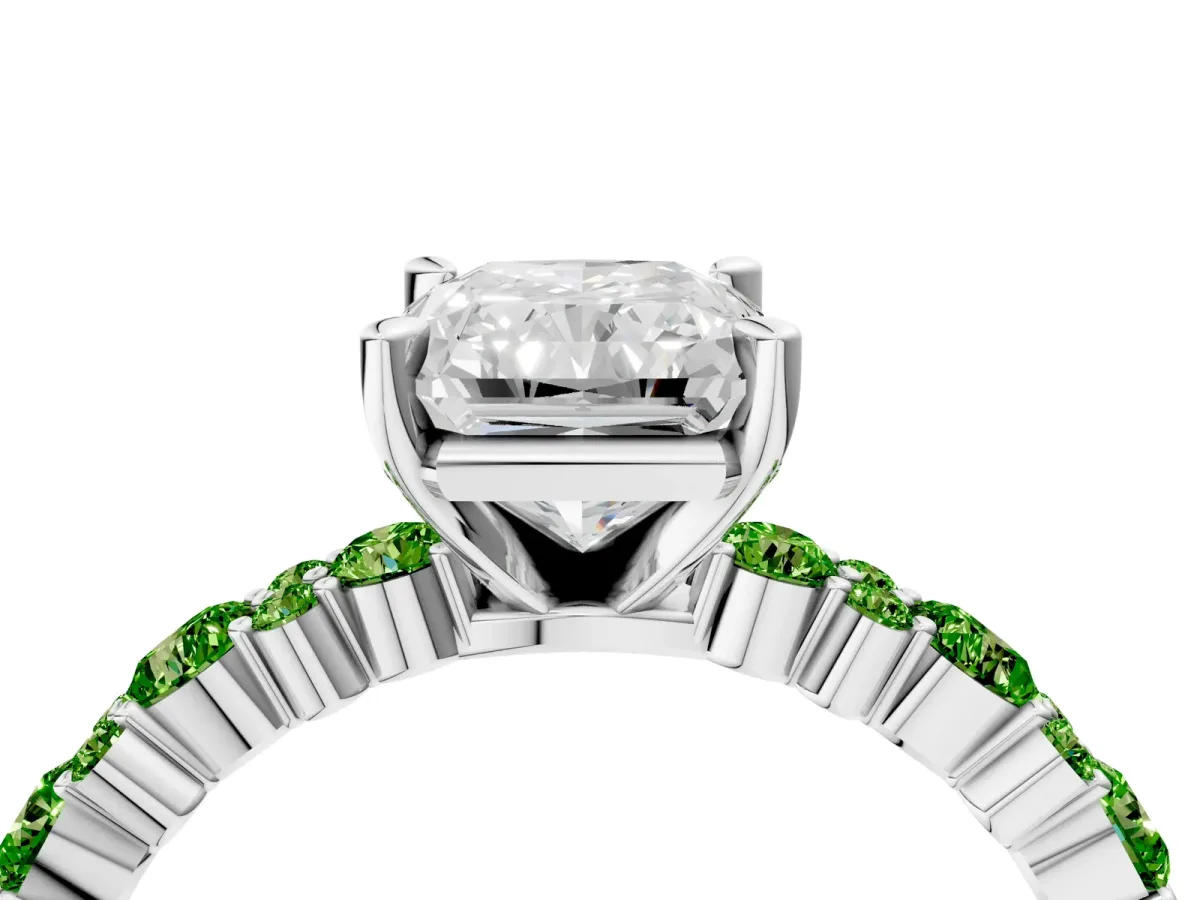 Radiant Cut Diamond Side Stone Solitaire Ring with Round Peridot and Four-Prong Setting Platinum