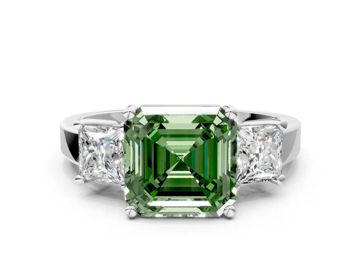 Fancy Green Three-Stone Asscher Cut Cut Solitaire Ring with Prong Setting Platinum