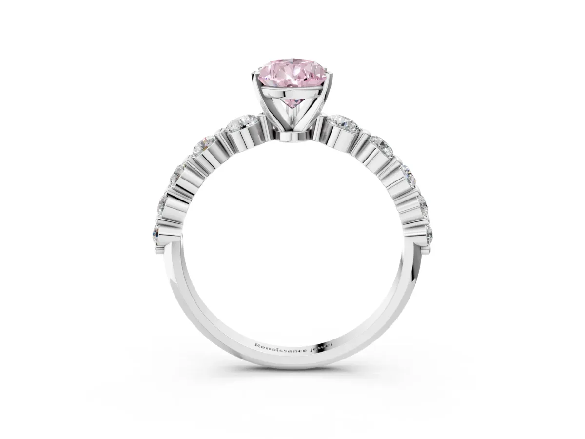 Fancy Pink Pear Cut Solitaire Diamond Ring with Pave Band and Four-Prong Setting Silver