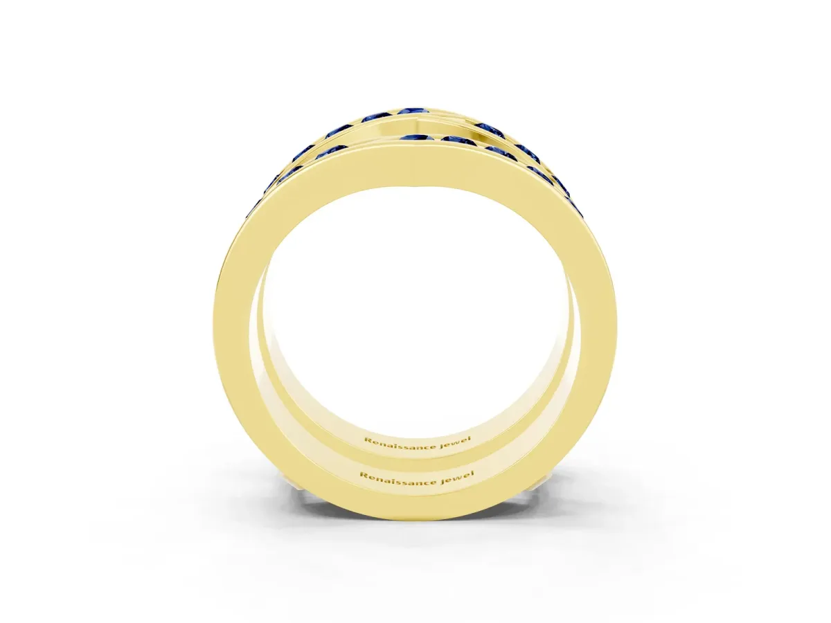 Round Blue Sapphire Channel-Set Chevron Band Yellow gold