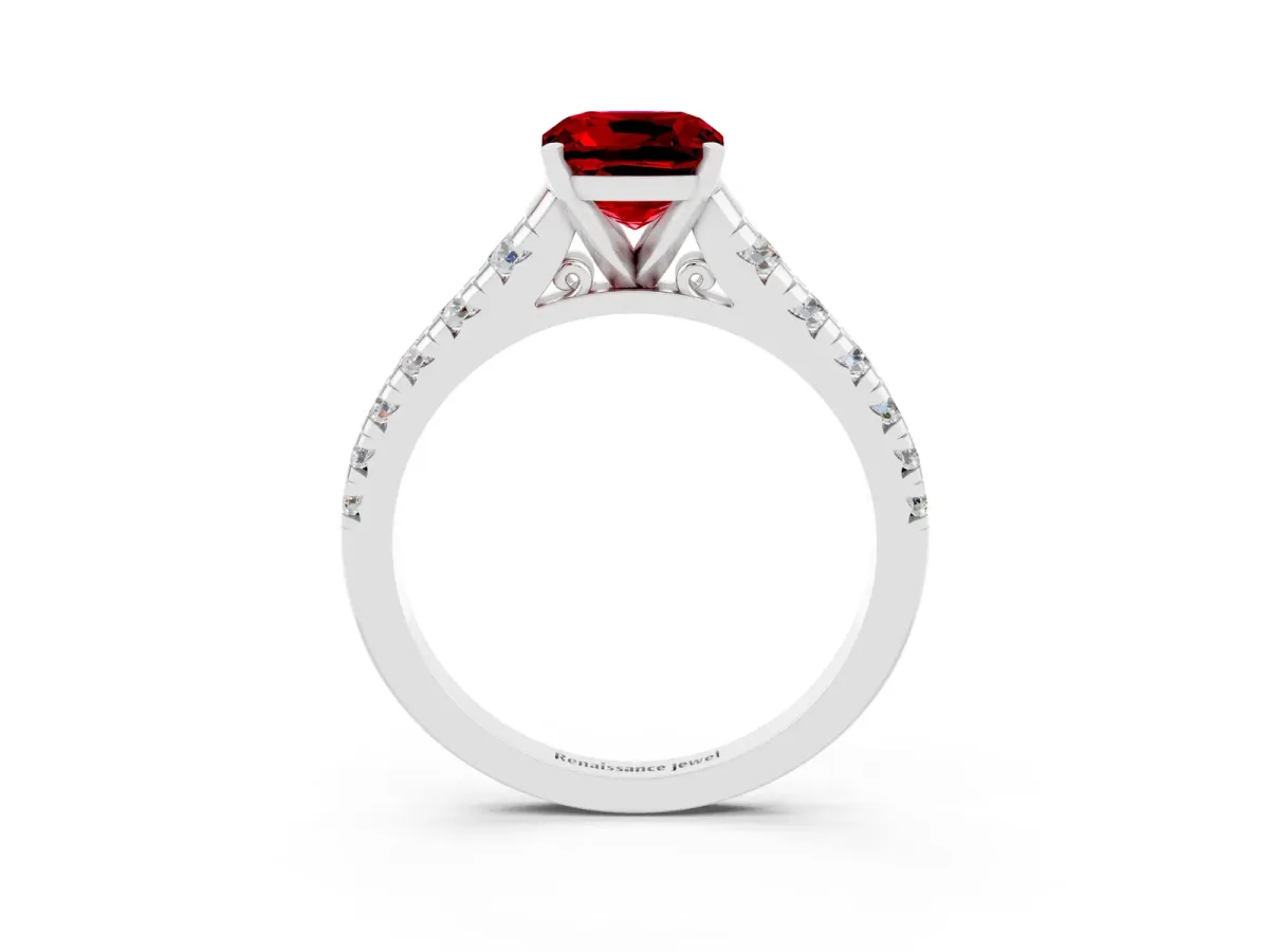 Cushion Cut Ruby Cathedral Solitaire Ring with Round Pavé Band White gold