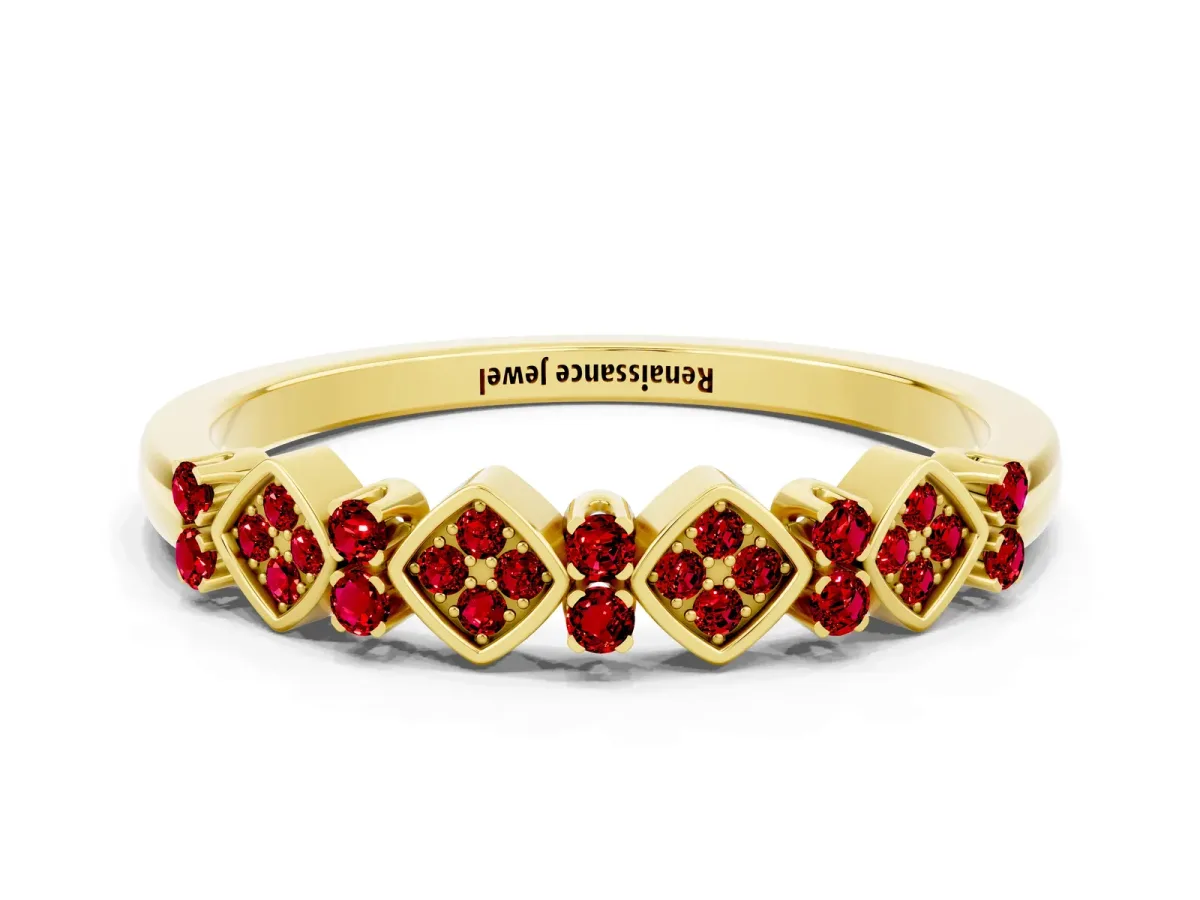 Pavé Cushion Ruby Cluster Eternity Band with Prong Setting Yellow gold
