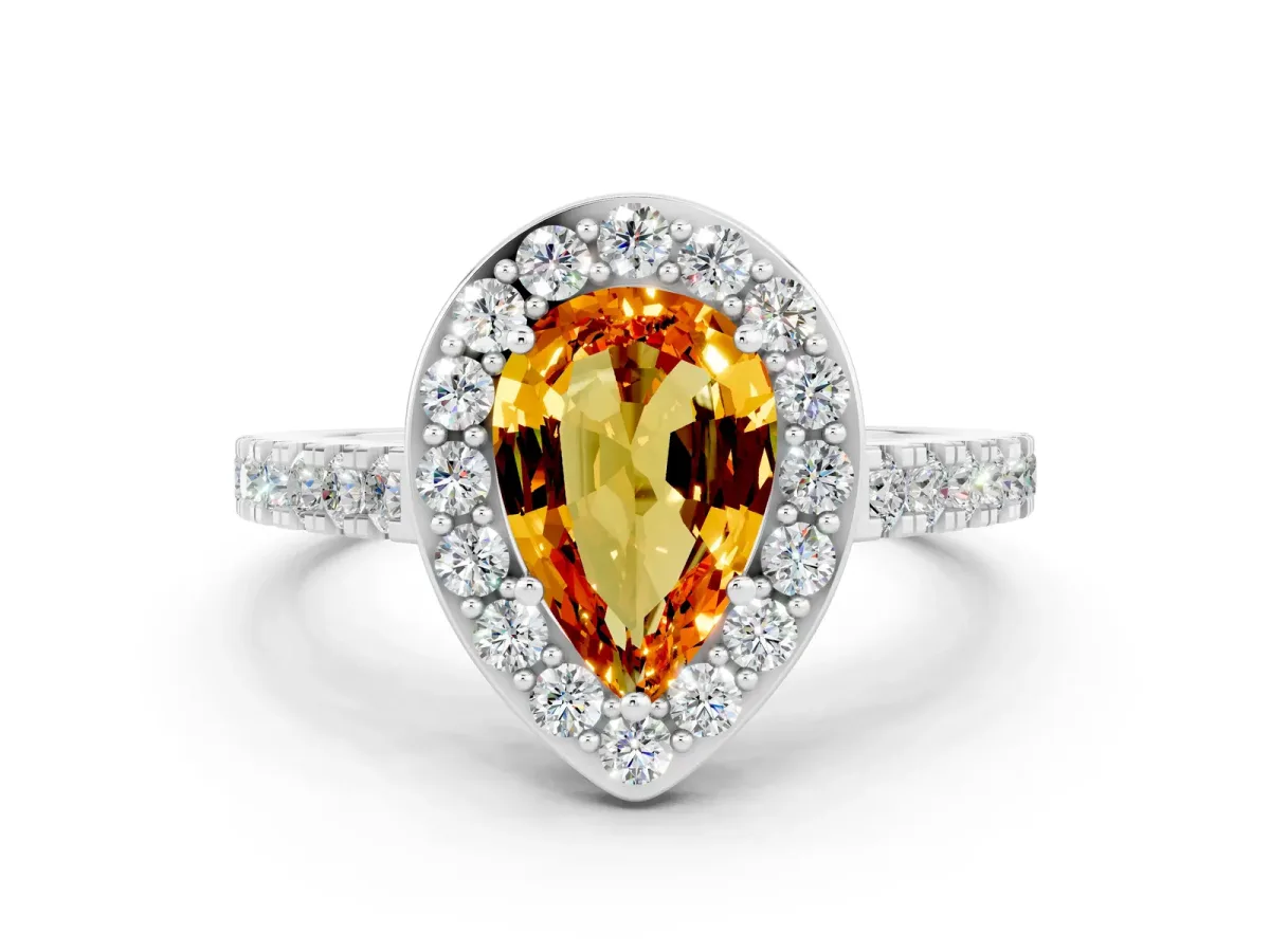 Pear Cut Citrine Halo Ring with Round Pavé Split Shank and Prong Setting Platinum