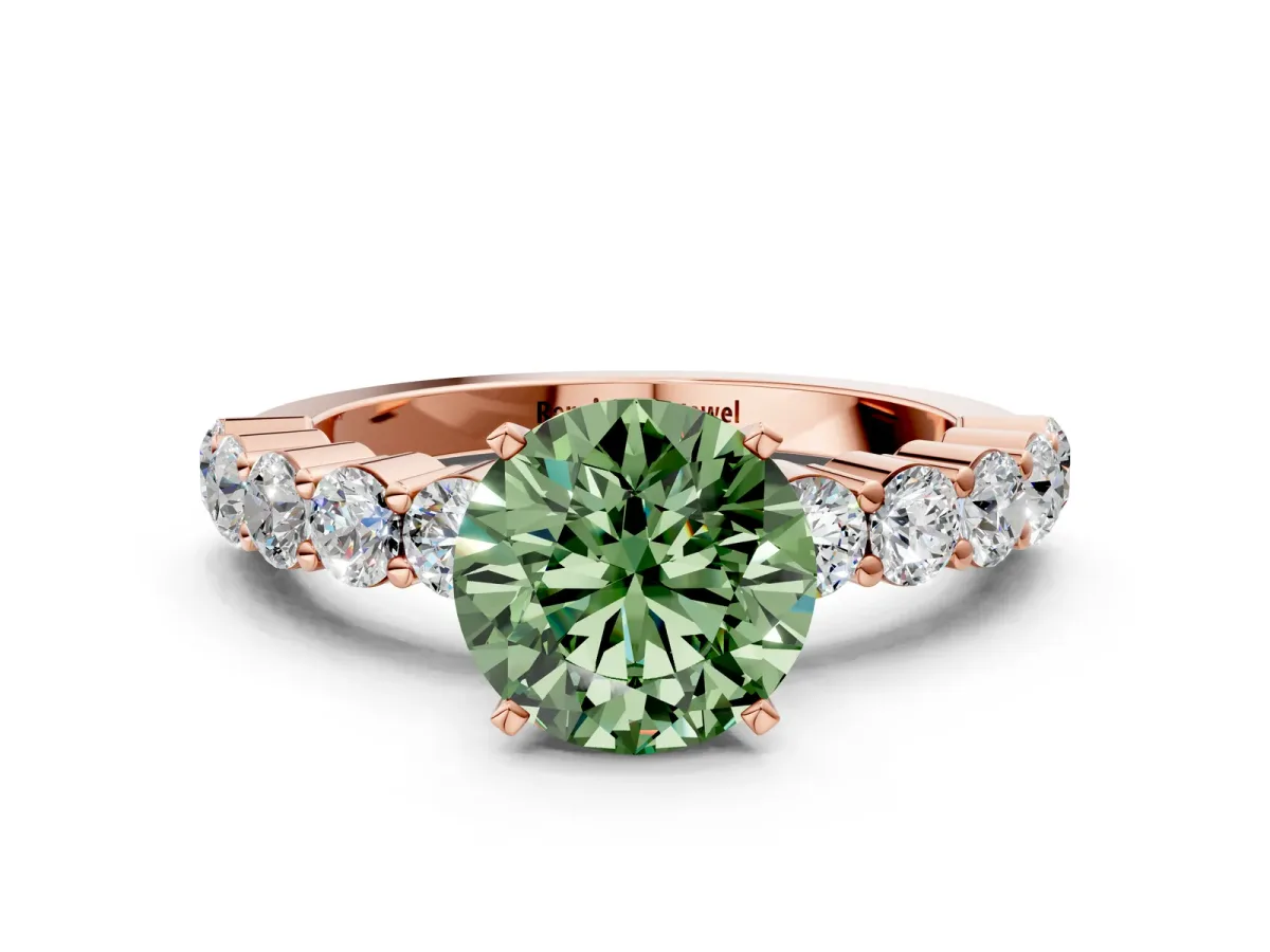 Fancy Green Round Cut Diamond Solitaire Ring with Shared Prong Round Side Stones Rose gold