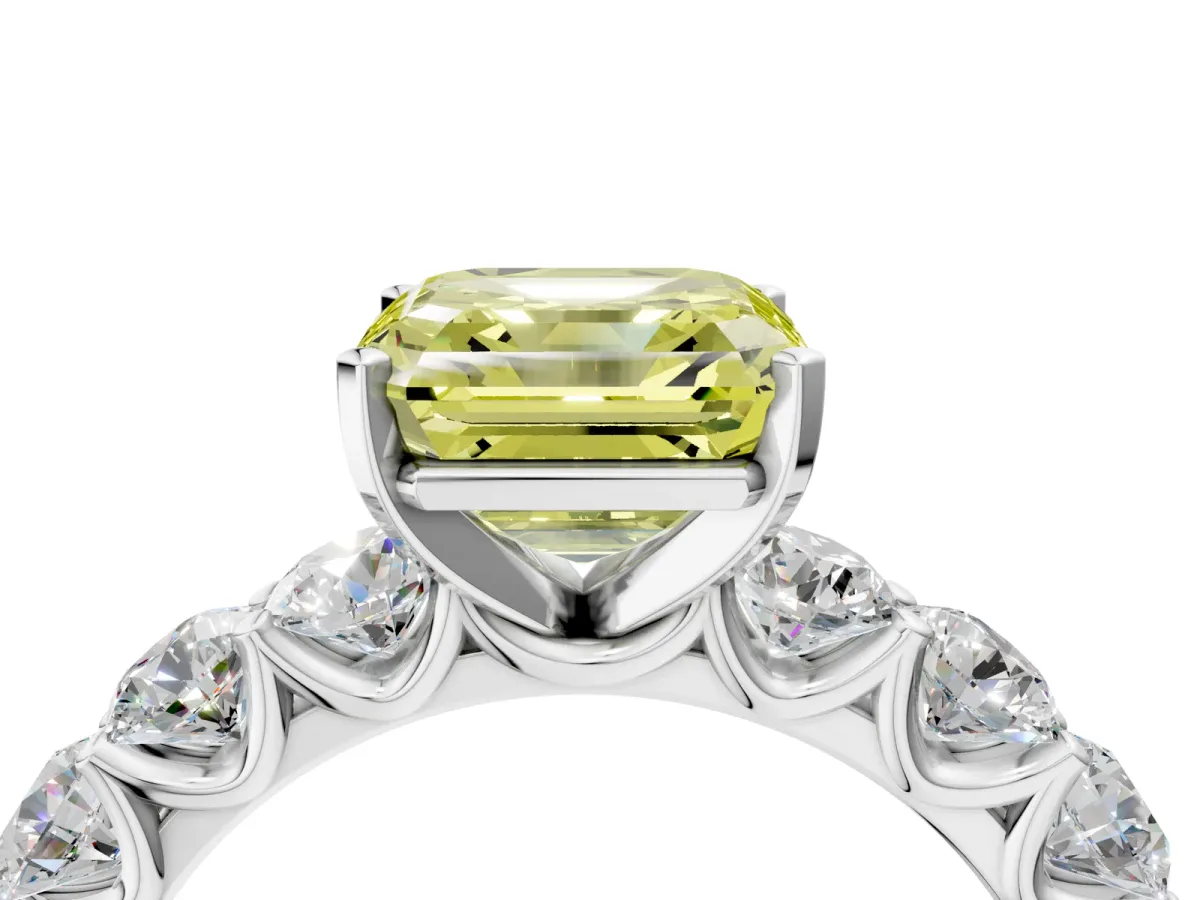 Fancy Yellow Asscher Cut Diamond Prong Setting with Side Stones on a Pave Band Silver