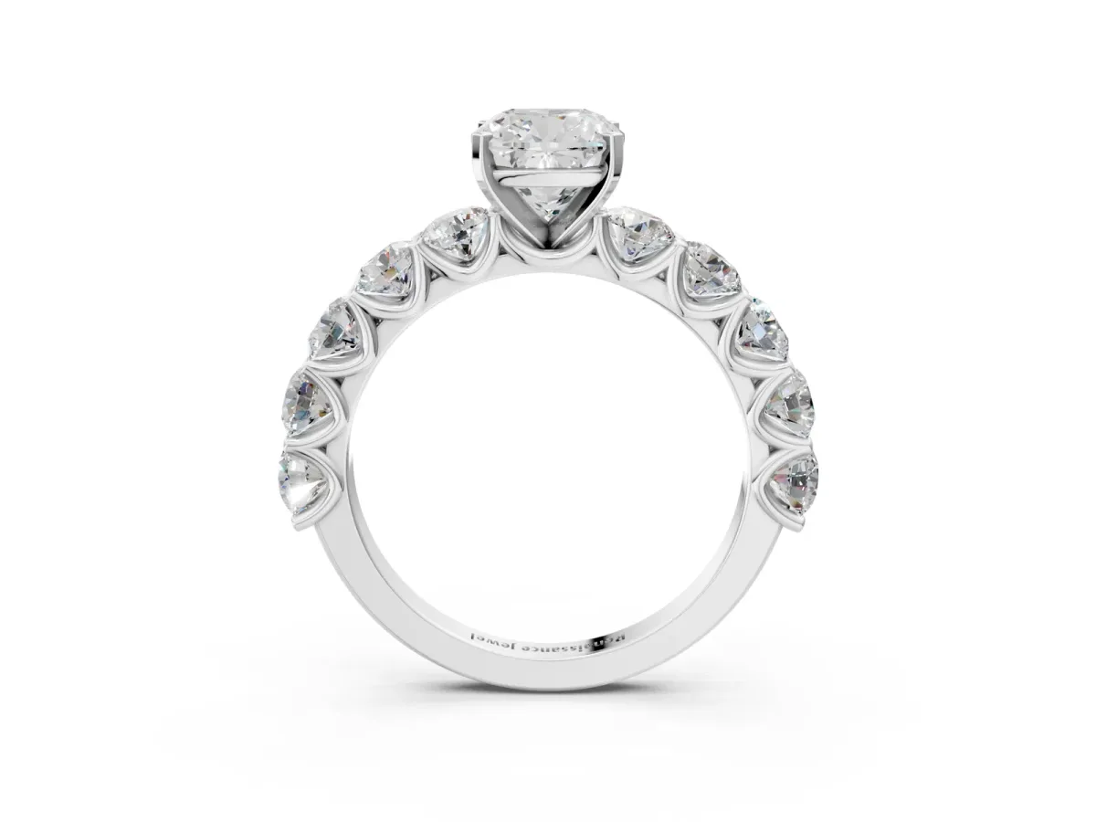 Cushion Cut Diamond Prong Setting with Side Stones on a Pave Band Platinum