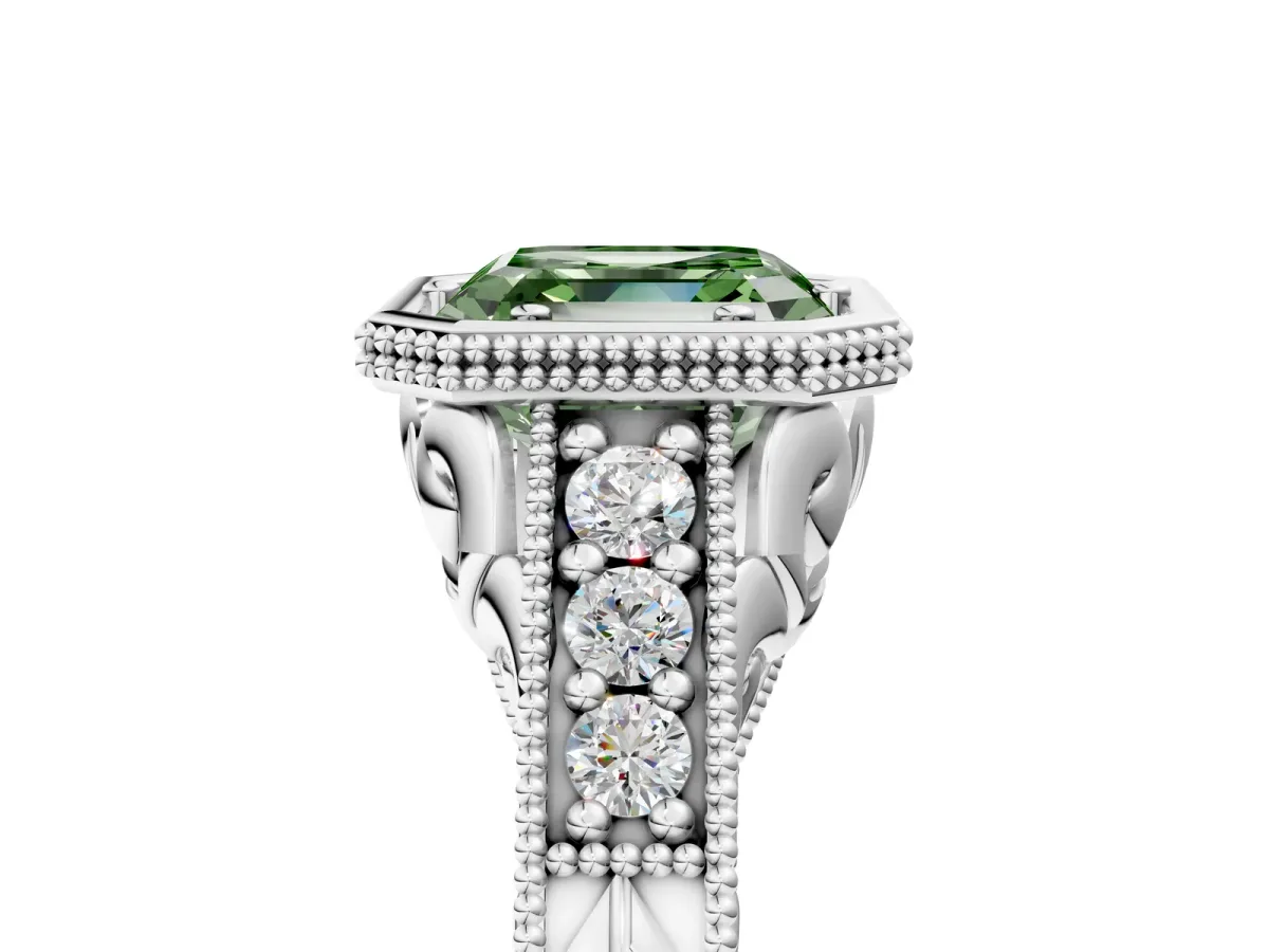 Fancy Green Bezel Set Asscher Cut Diamond Milgrain Pave Engagement Ring Platinum