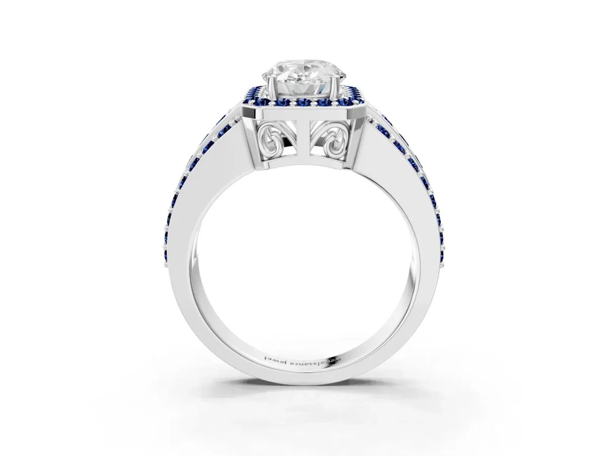 Oval Cut Halo Diamond Ring with Round Blue Sapphire Split Shank and Prong Setting Platinum