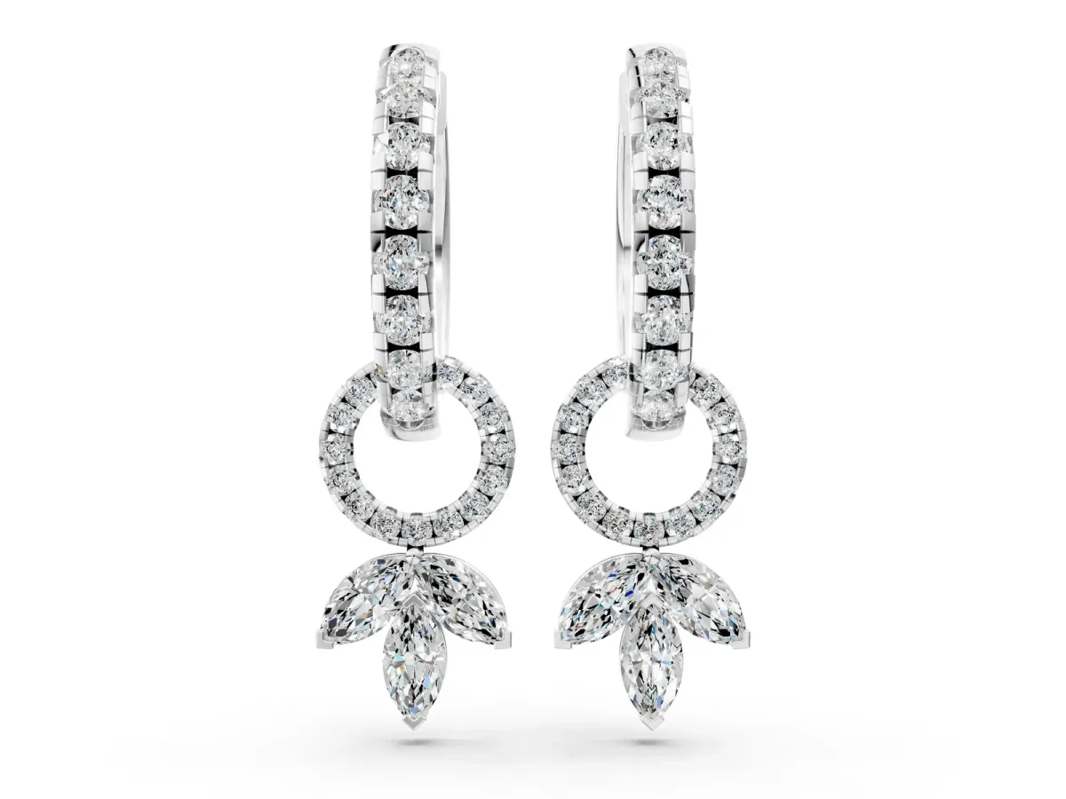 Round and Marquise Diamond Huggie Drop Earrings Silver