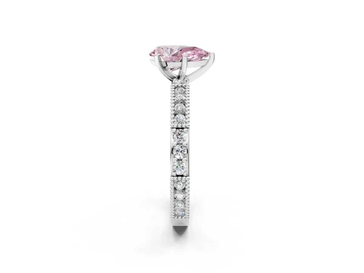 Fancy Pink Pear Cut Solitaire with Pavé Band and Four-Prong Setting Platinum