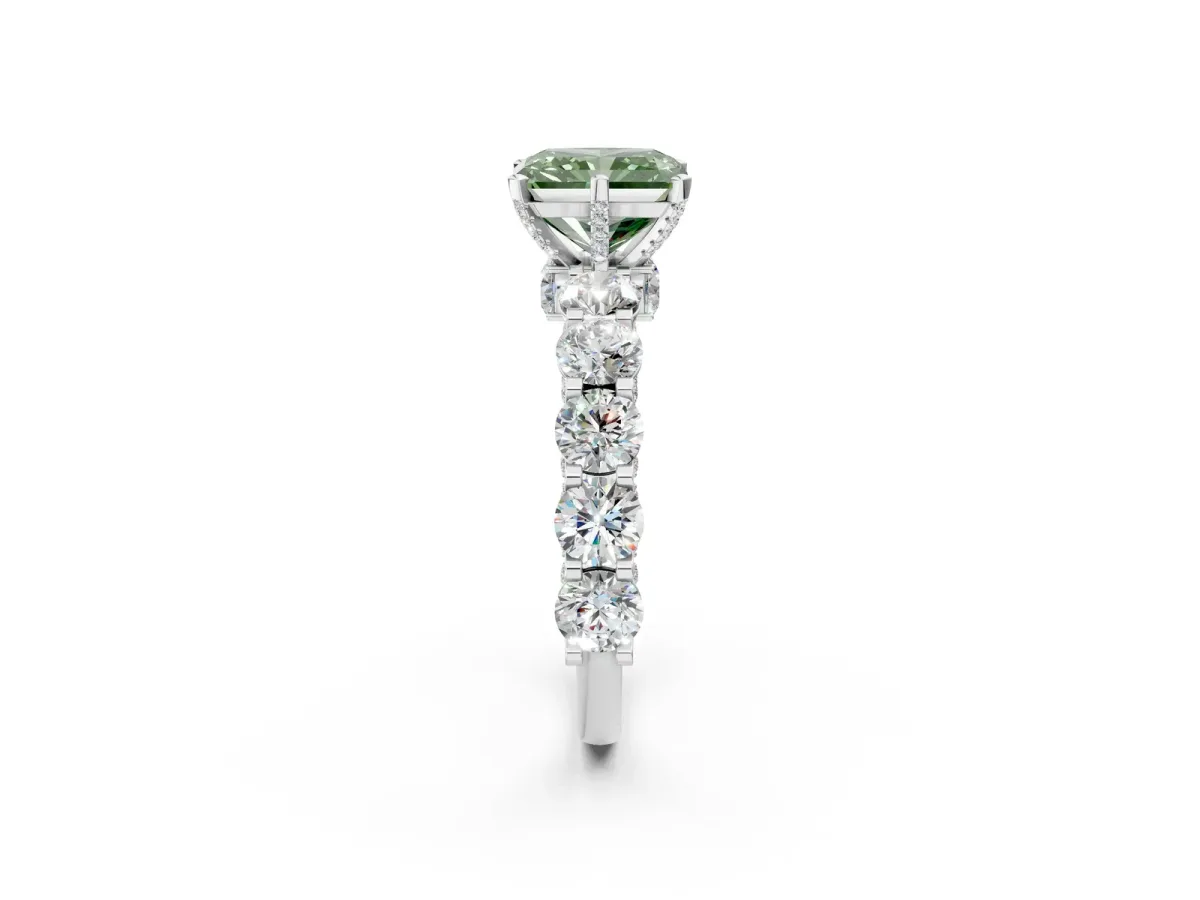 Fancy Green Radiant Cut Diamond Side Stone Engagement Ring with Four-Prong Setting White gold