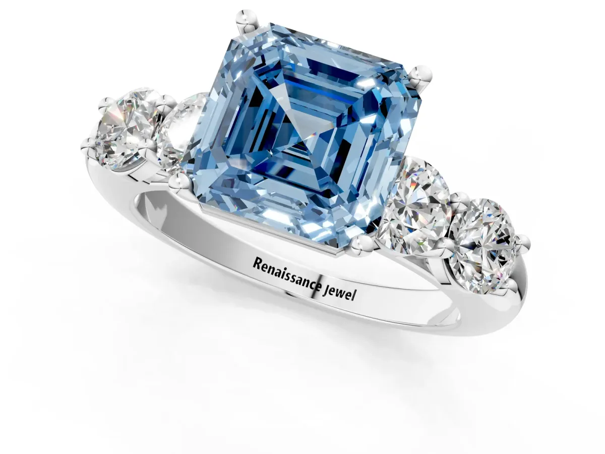 Fancy Blue Asscher Cut Cut Five-Stone Prong Set Diamond Ring with Classic Band Platinum