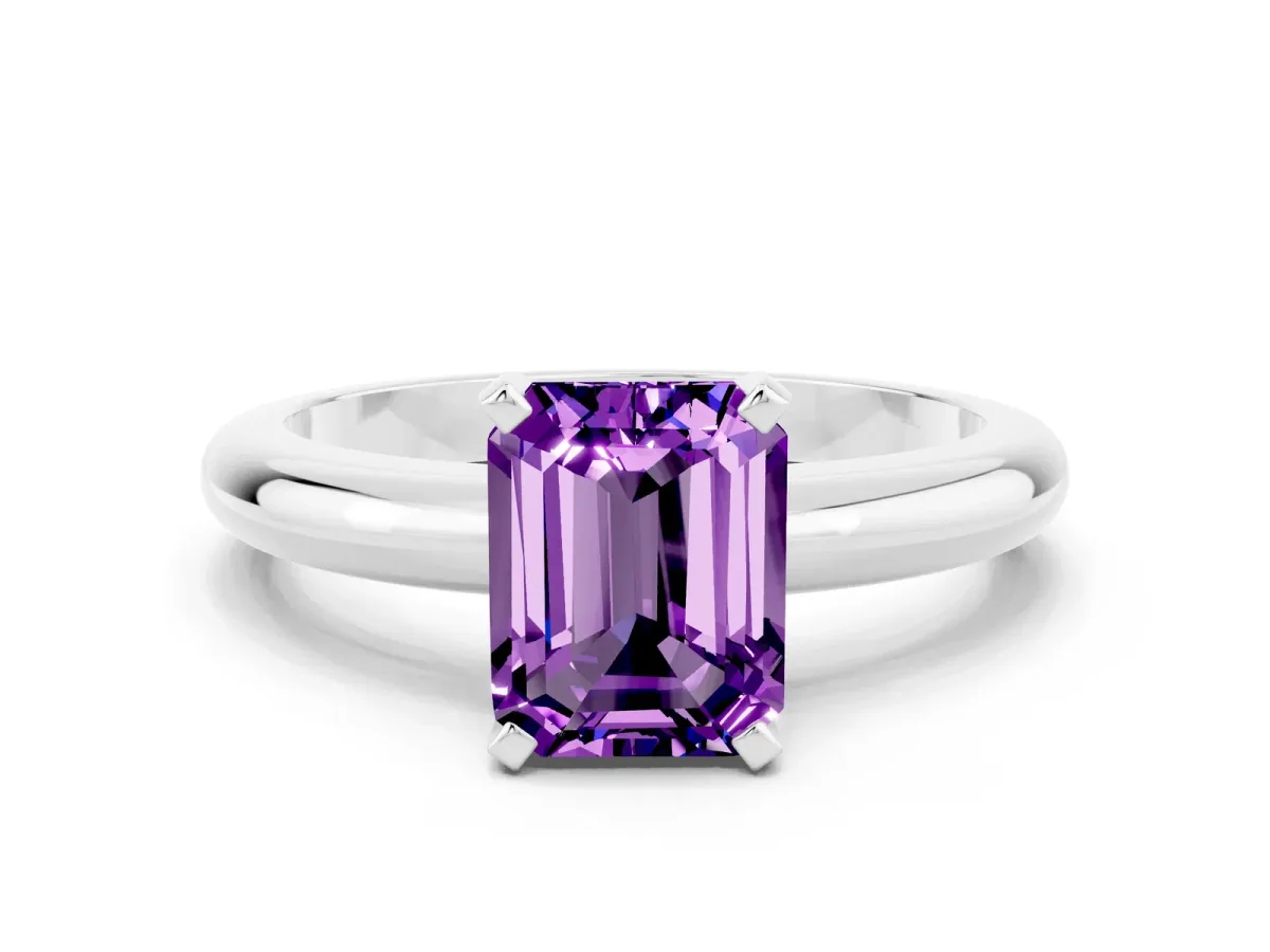 Emerald Cut Amethyst Solitaire Engagement Ring with Round Band and Four-Prong Setting Silver