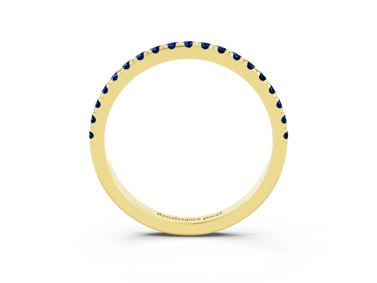 Pavé Round Blue Sapphire Half Eternity Band with Shared Prong Setting Yellow gold