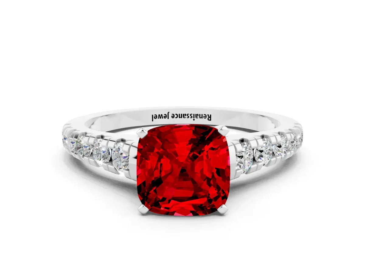 Cushion Cut Ruby Cathedral Solitaire Ring with Round Pavé Band White gold