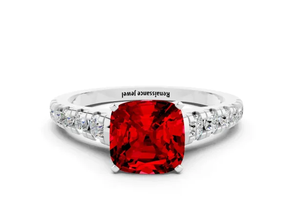 Cushion Cut Ruby Cathedral Solitaire Ring with Round Pavé Band Platinum