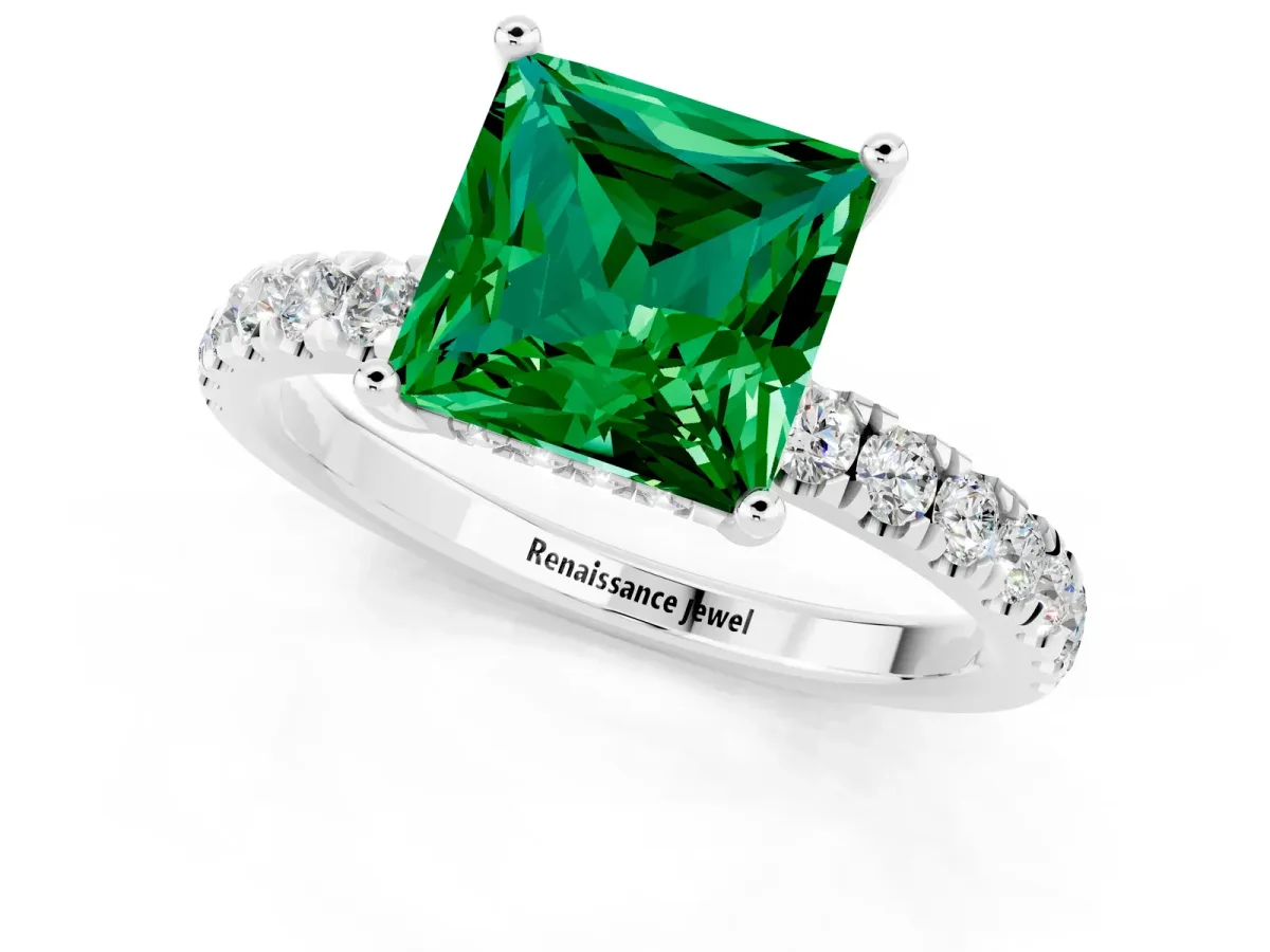 Princess Cut Emerald Pave Band Solitaire Ring with Round and Prong Setting Platinum