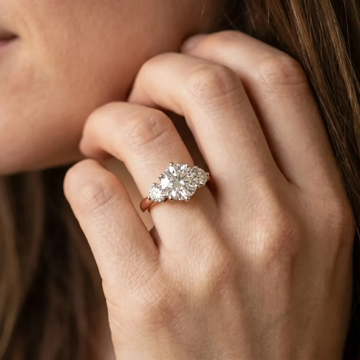 Three-Stone Round Cut Cut Solitaire Diamond Ring with Prong Setting Rose gold