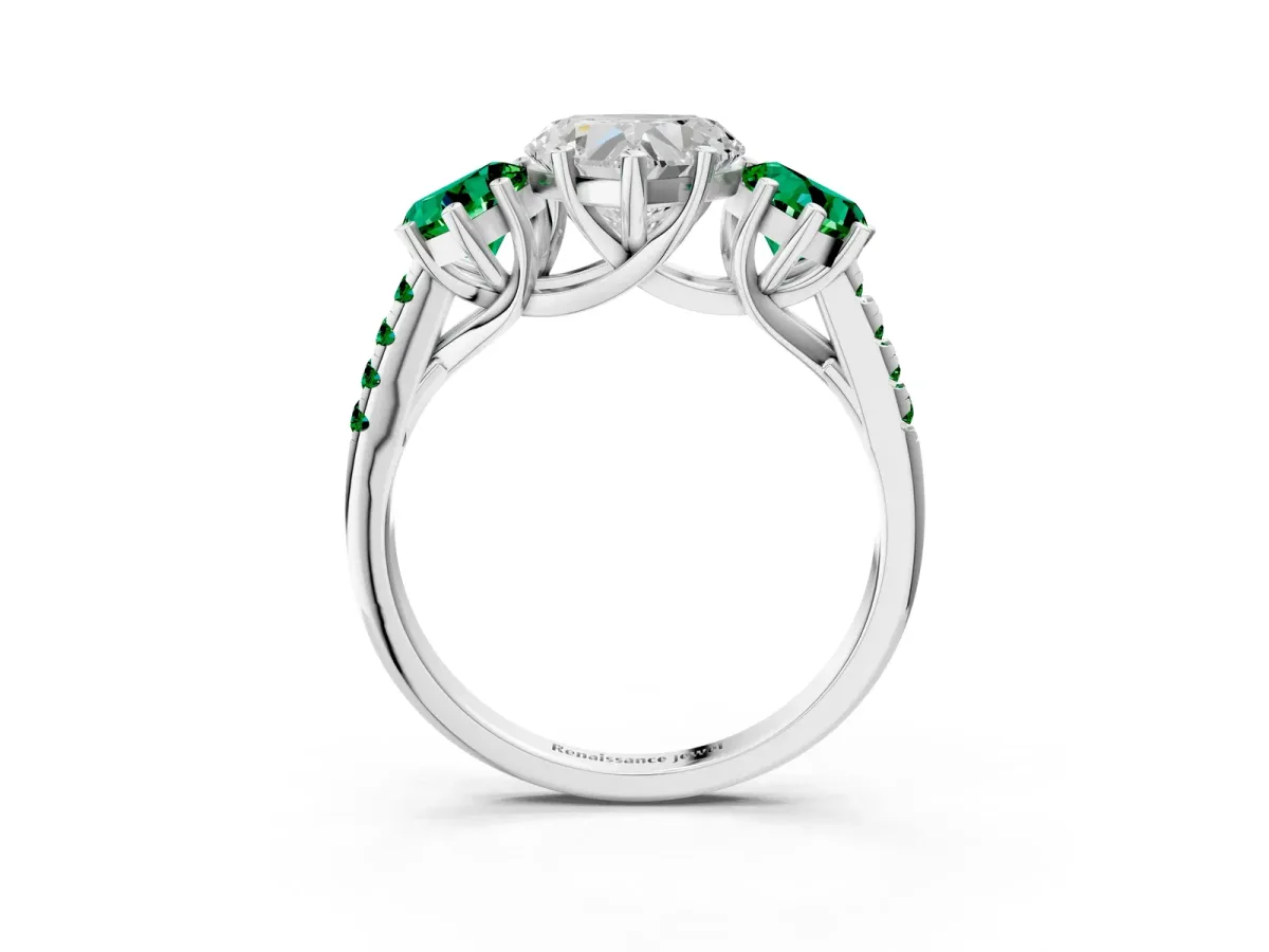 Three-Stone Heart Cut Diamond Ring with Round Emerald Pavé Band and Prong Setting Platinum