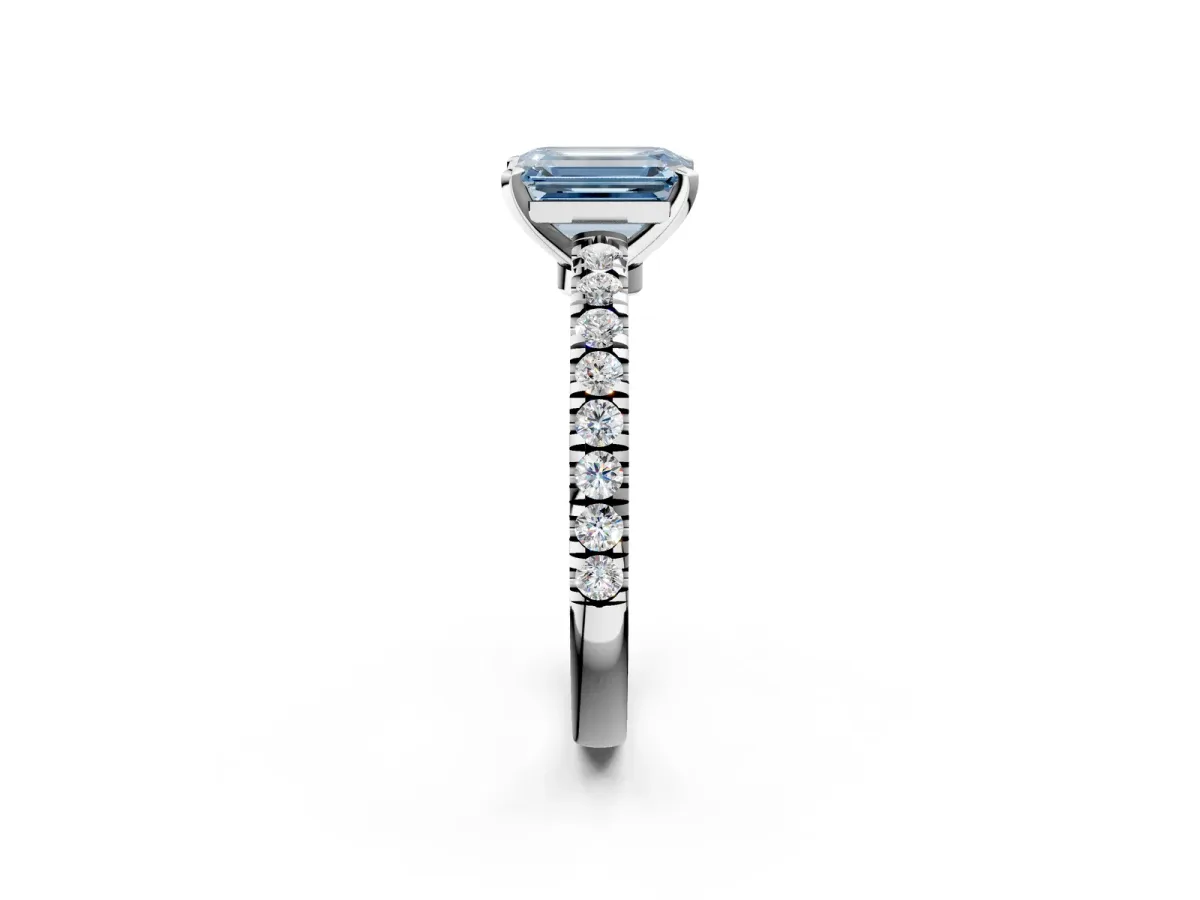 Fancy Blue Emerald Cut Solitaire Diamond with Pavé Band and Four-Prong Setting Silver