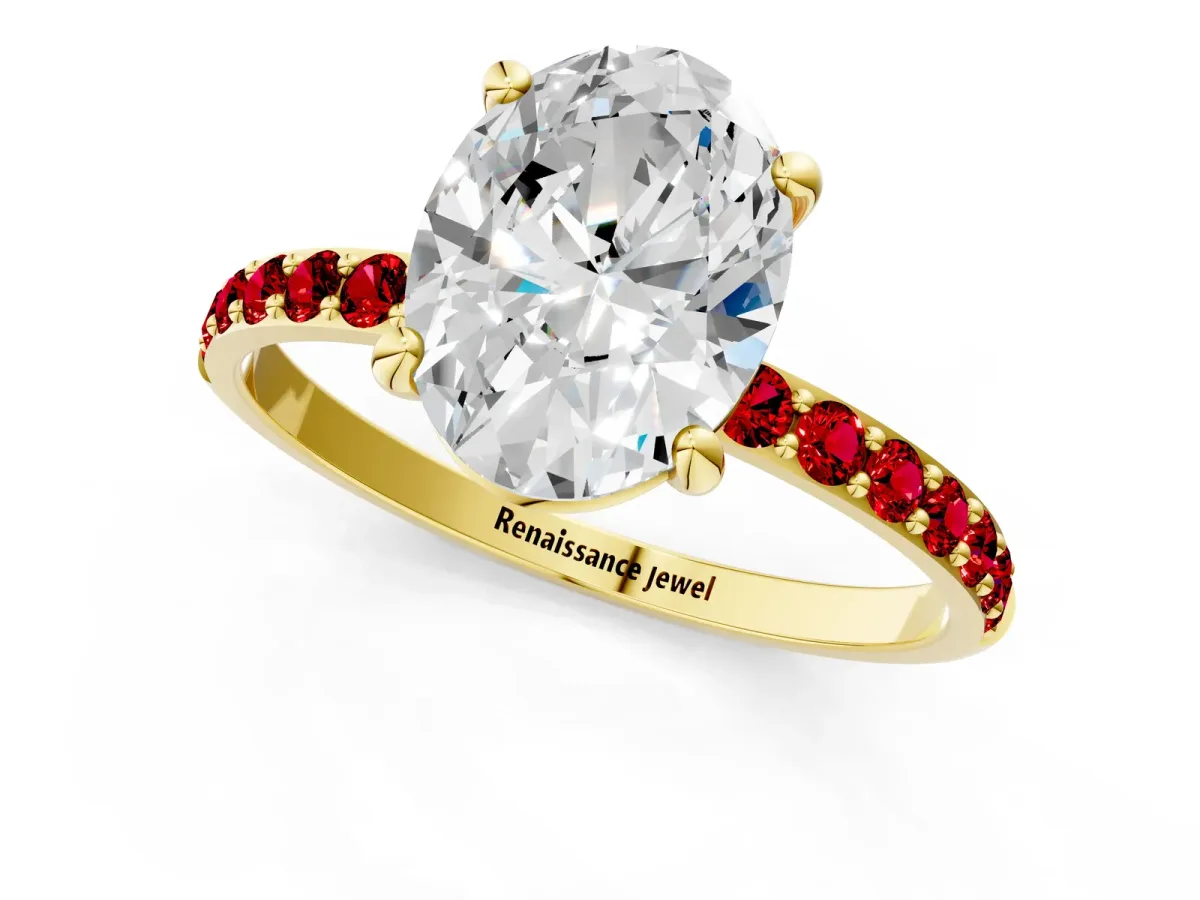 Oval Cut Diamond Solitaire Ring with Round Ruby Pavé Band and Prong Setting Yellow gold