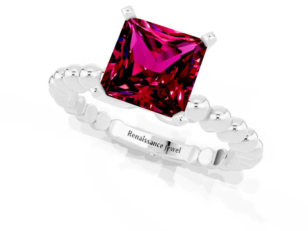 Princess Cut Garnet Solitaire Ring with Beaded Band and Prong Setting Platinum