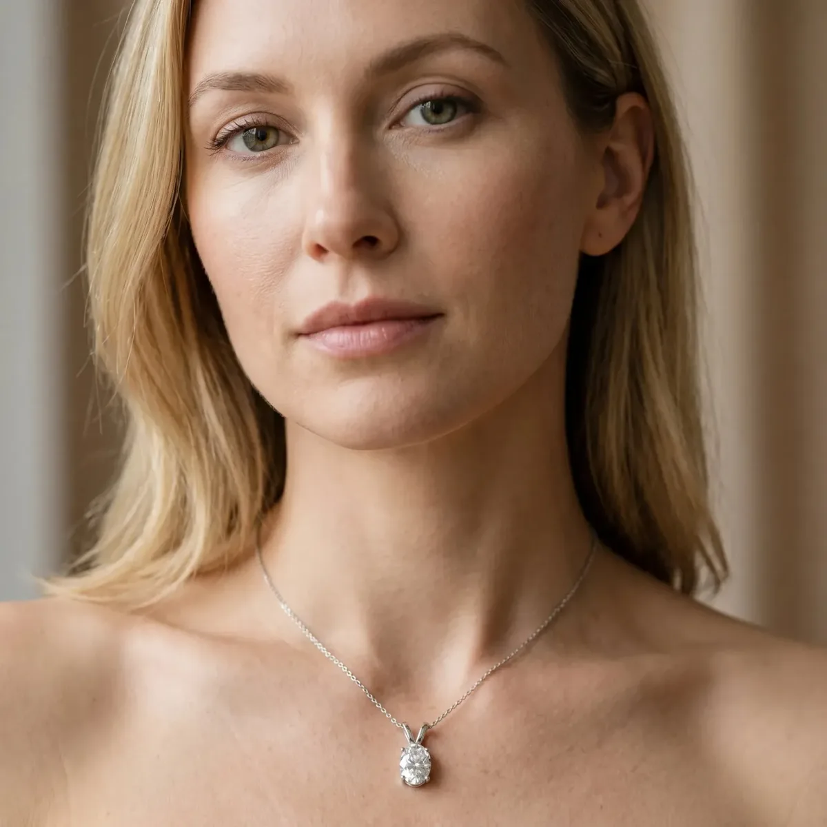 Oval Solitaire Diamond Prong Pendant White gold