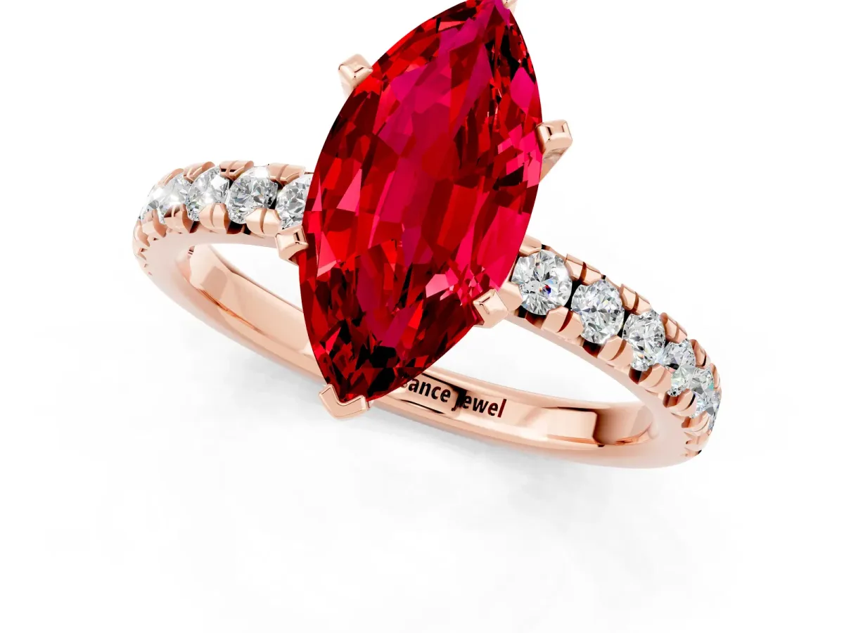 Marquise Cut Ruby Solitaire Pavé Engagement Ring with Round Band and Prong Setting Rose gold
