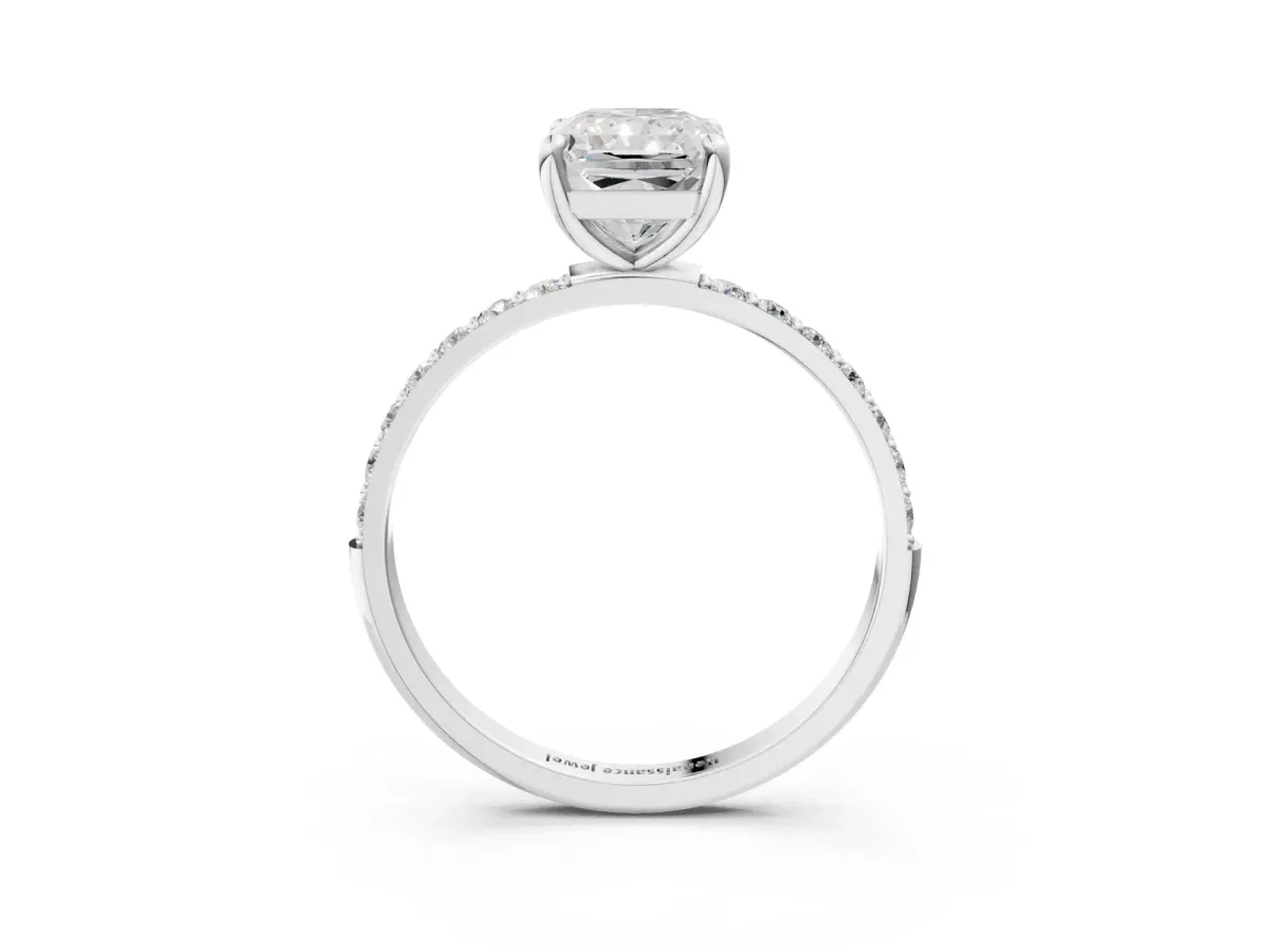 Radiant Cut Diamond Solitaire Ring with Round Pavé Band and Prong Setting Silver