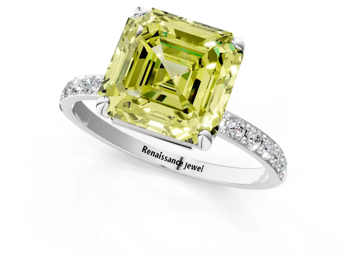 Fancy Yellow Asscher Cut Diamond Solitaire Ring with Round Pavé Band and Prong Setting Silver