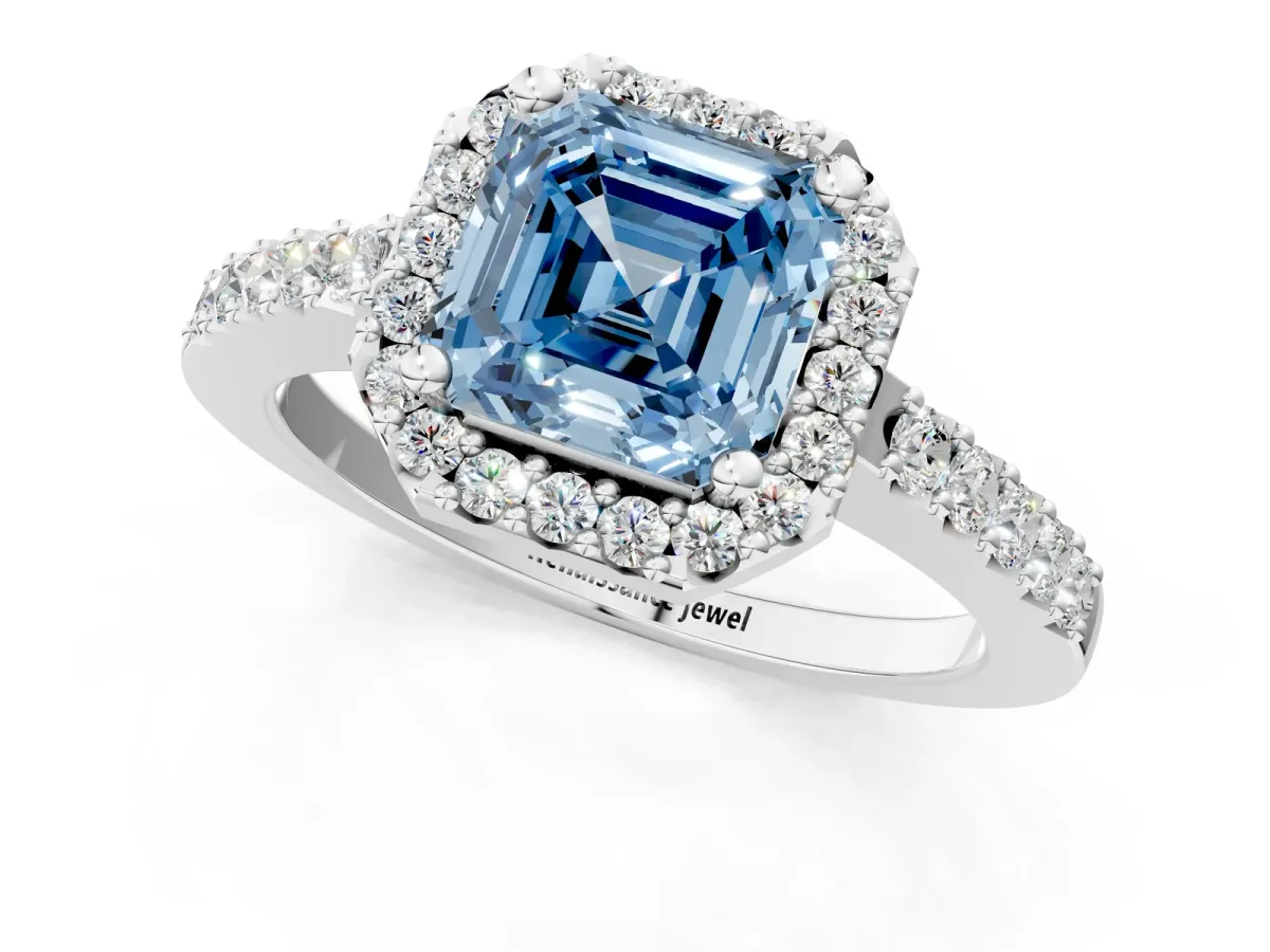 Fancy Blue Asscher Cut Halo Diamond Pavé Solitaire Ring Silver
