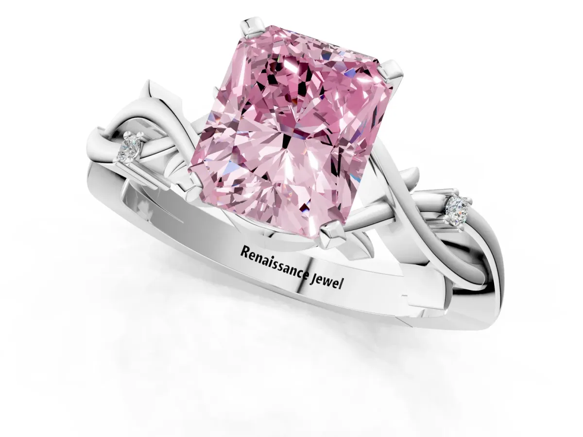 Fancy Pink Radiant Cut Diamond Solitaire Ring with Twisted Band and Prong Setting Platinum