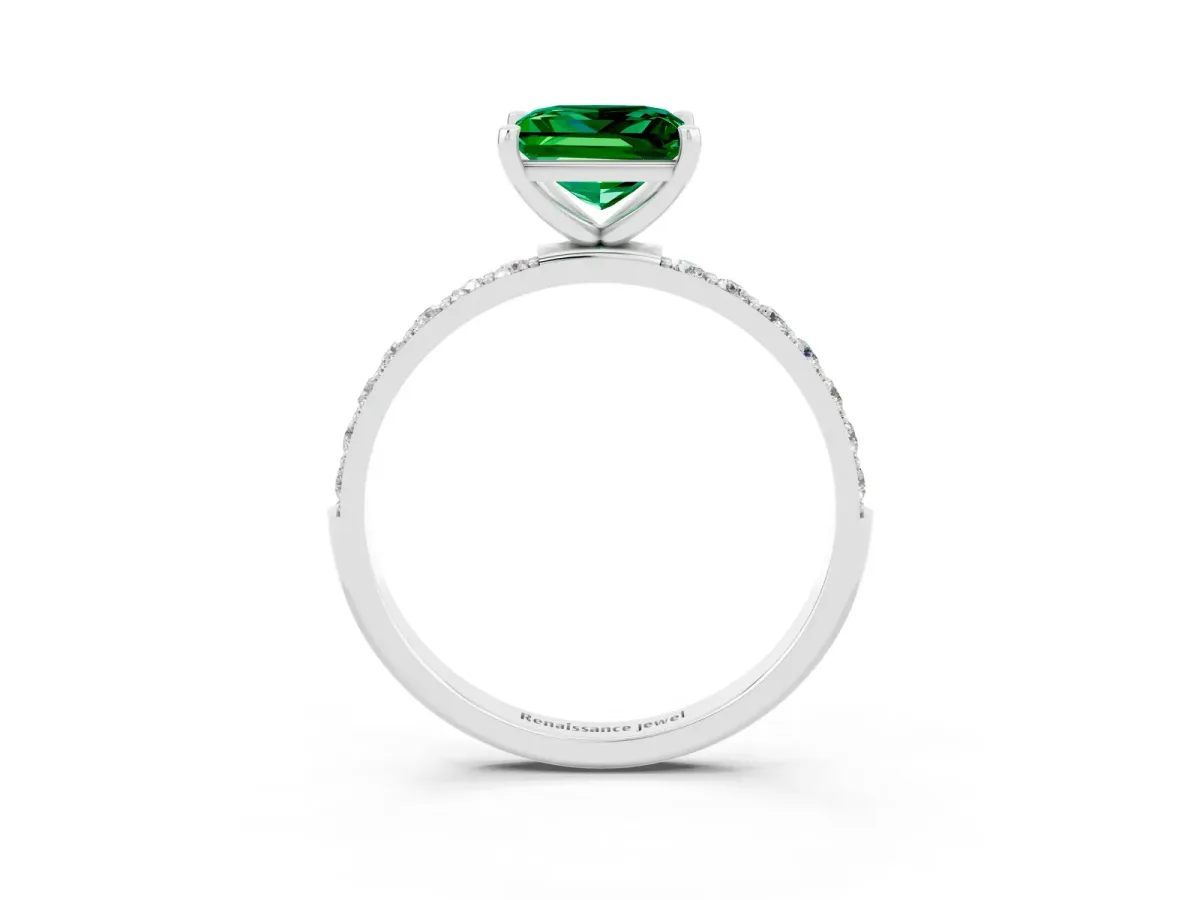 Princess Cut Emerald Solitaire Ring with Round Pavé Band and Prong Setting Platinum