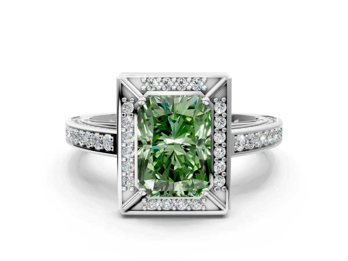 Fancy Green Radiant Cut Cut Halo Pave Split Shank Prong Setting Ring Platinum