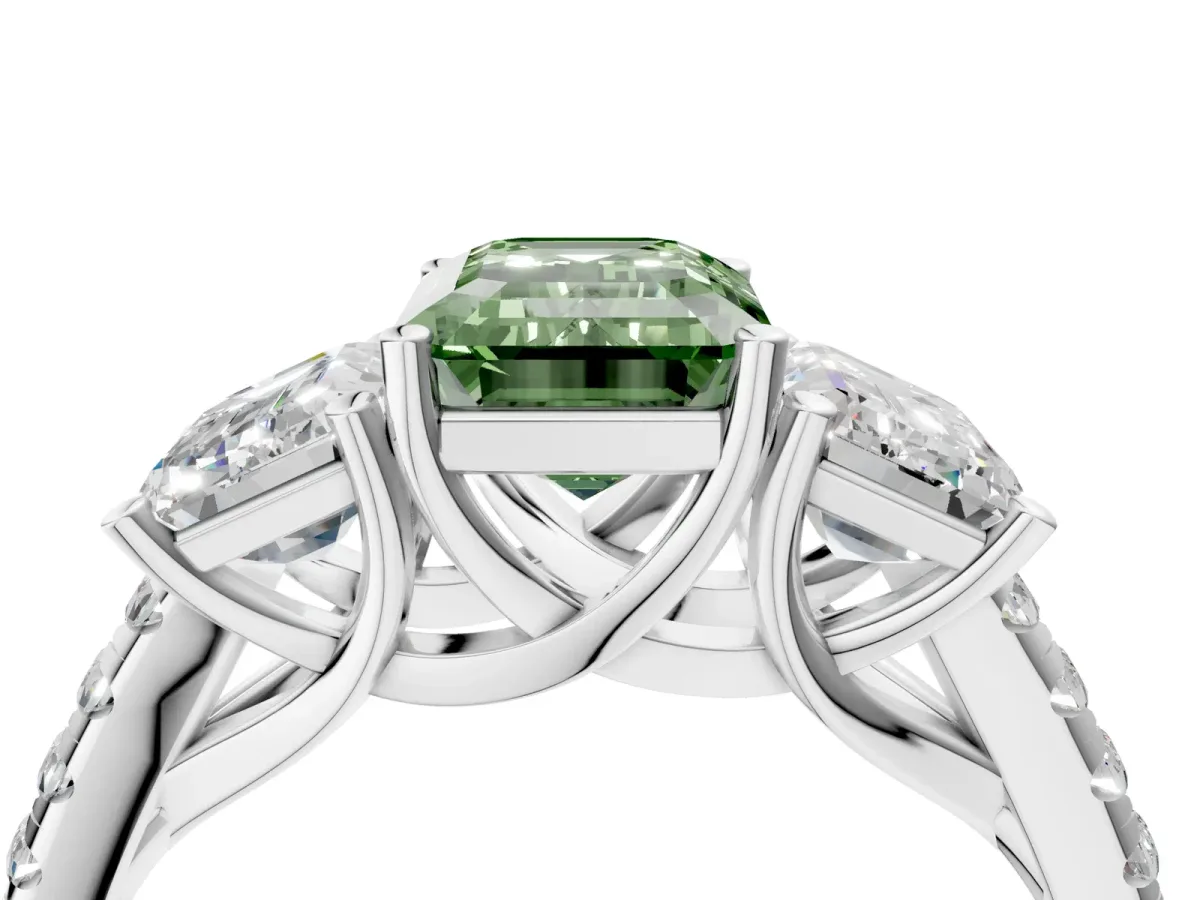 Fancy Green Three-Stone Emerald Cut Diamond Ring with Round Pavé Band and Prong Setting Platinum