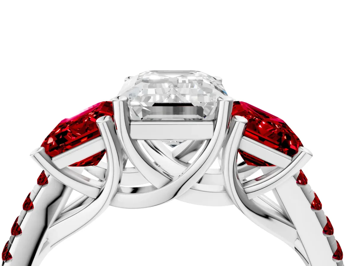 Three-Stone Emerald Cut Diamond Ring with Round Ruby Pavé Band and Prong Setting Platinum