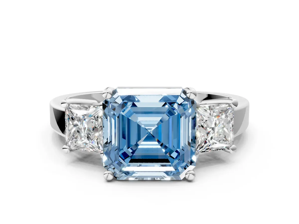 Fancy Blue Three-Stone Asscher Cut Cut Solitaire Ring with Prong Setting Platinum