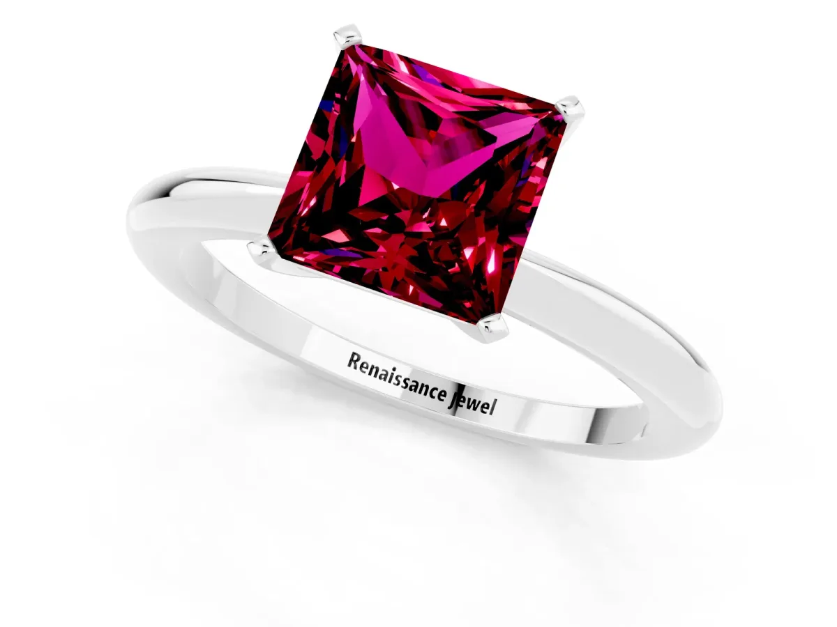 Princess Cut Garnet Solitaire Ring with Six-Prong Setting and Classic Band Silver