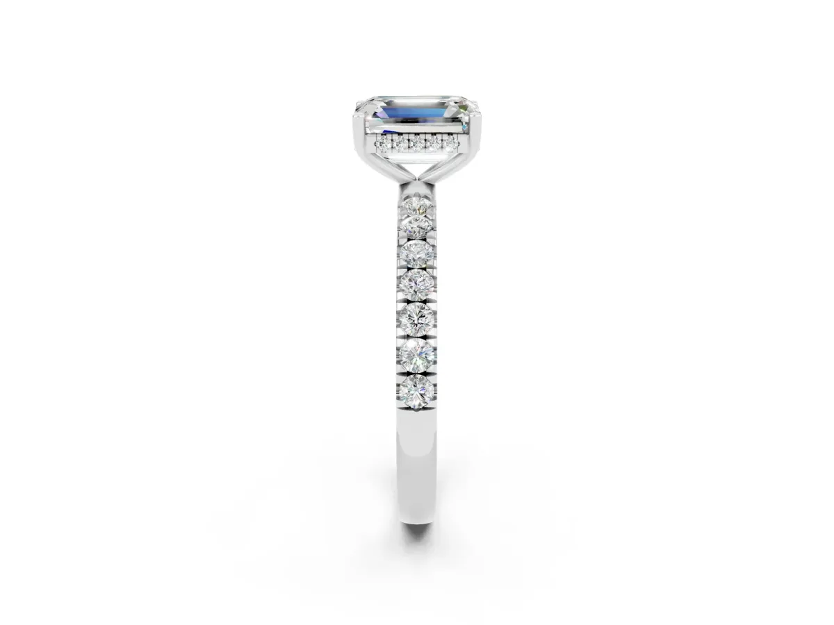 Emerald Cut Moissanite Pave Band Solitaire Ring with Round and Prong Setting Platinum