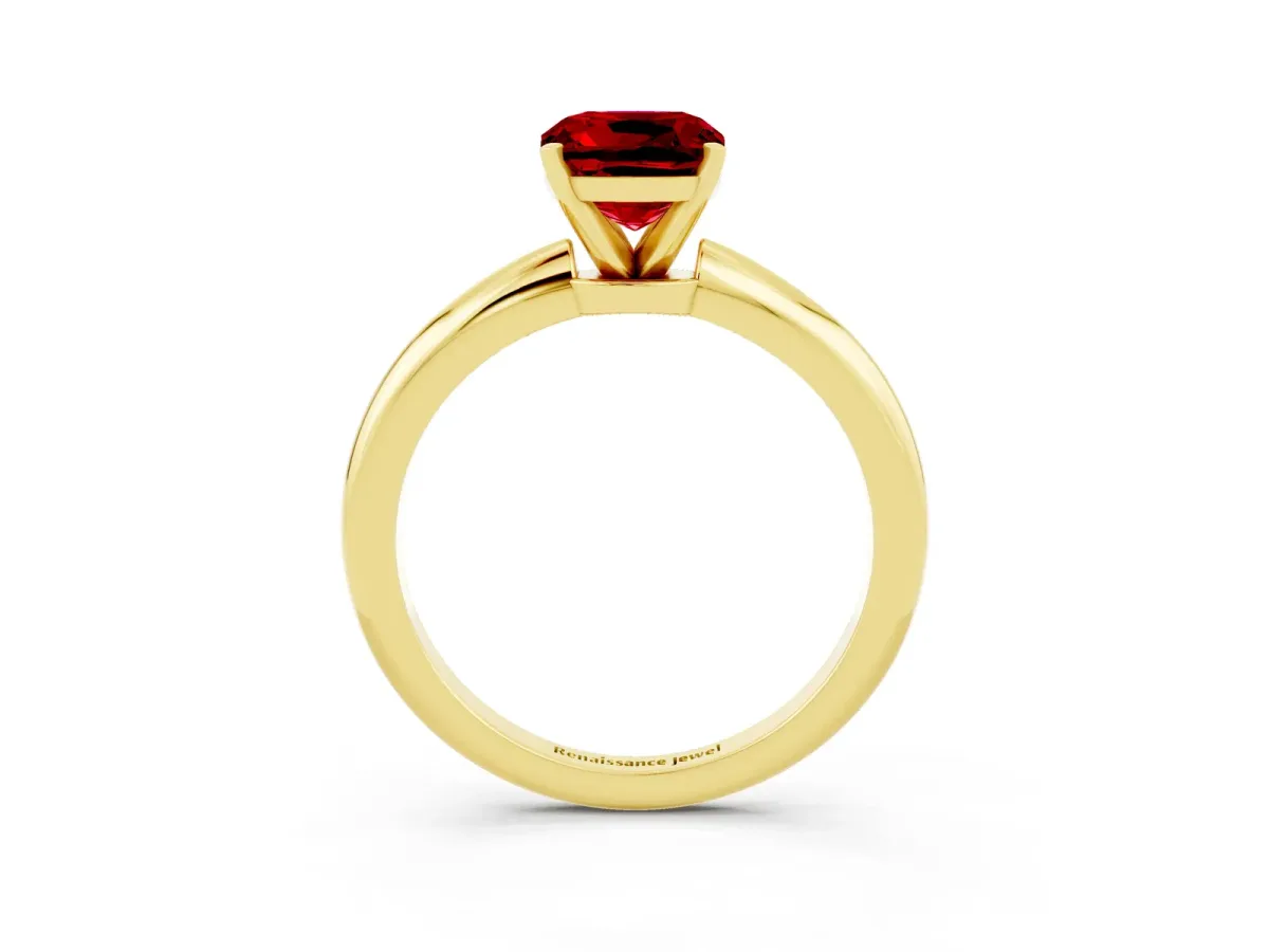 Cushion Cut Ruby Solitaire Ring with Six-Prong Setting and Classic Band Yellow gold