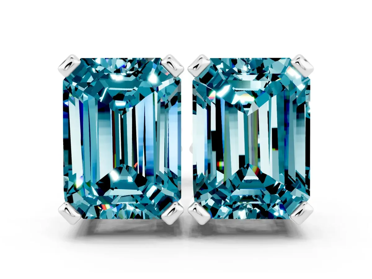 Emerald Cut Blue Topaz Stud Earrings Silver