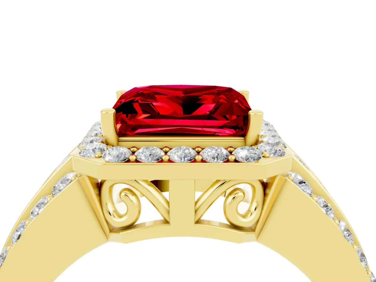 Princess Cut Halo Ruby Ring with Round Split Shank and Prong Setting Yellow gold