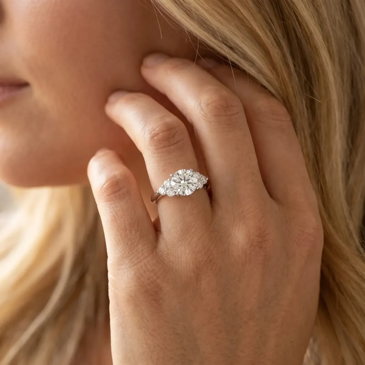 Asscher Cut Brilliant Diamond Cluster Accent Solitaire Ring with Prong Setting Platinum