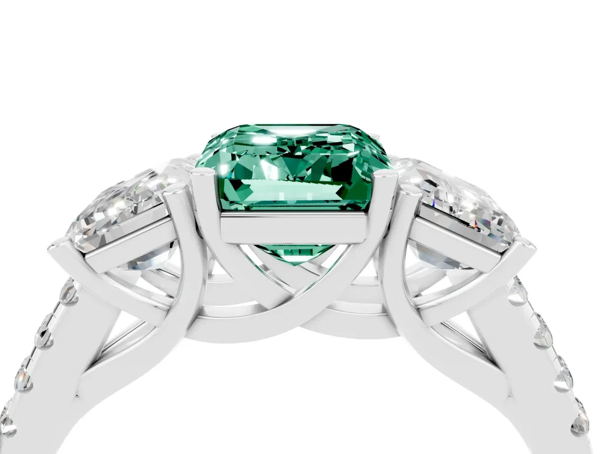 Three-Stone Emerald Cut Green Sapphire Ring with Round Pavé Band and Prong Setting Silver