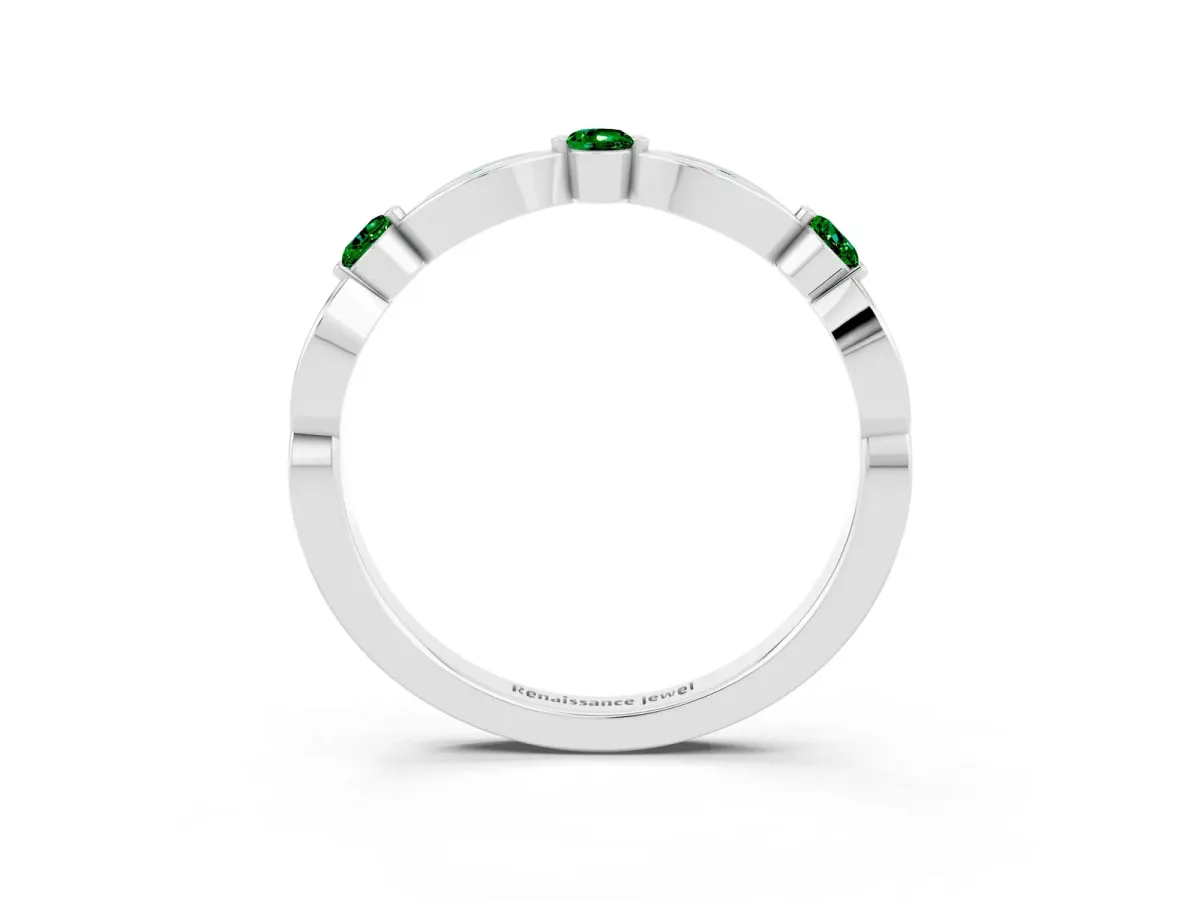 Marquise and Round Emerald Milgrain Band with Bezel Setting White gold