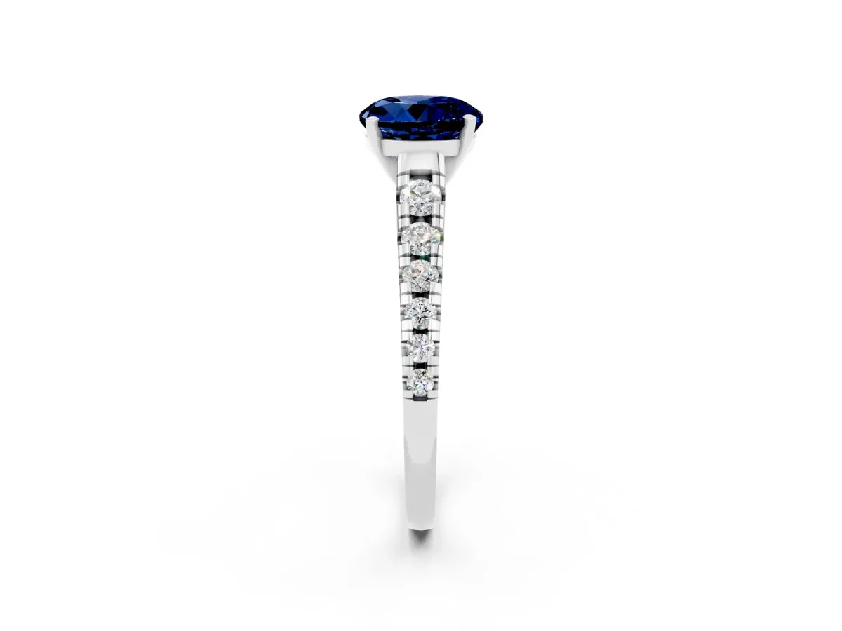 Round Cut Blue Sapphire Cathedral Solitaire Ring with Round Pavé Band Silver