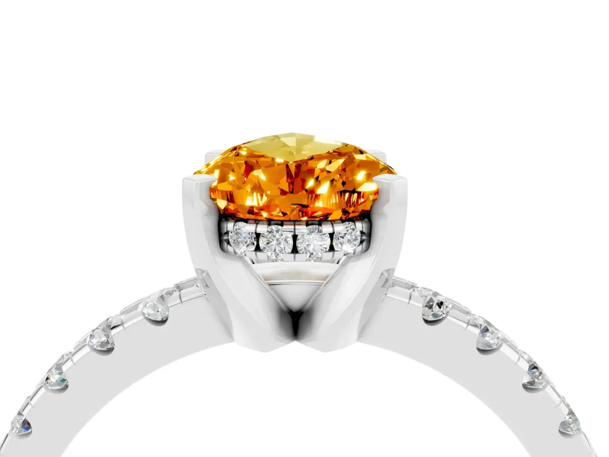 Pear Cut Citrine Solitaire Ring with Round Pavé Band and Four-Prong Setting Silver