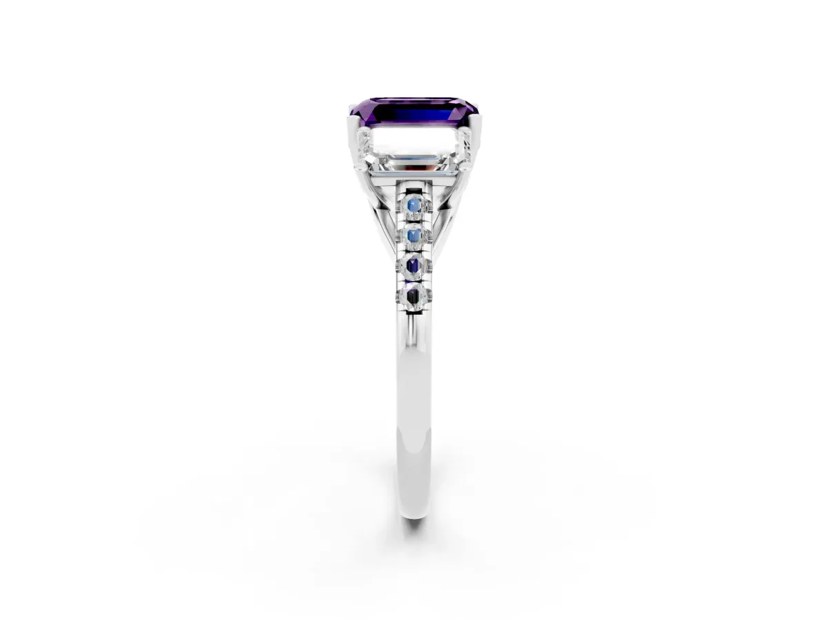 Three-Stone Emerald Cut Amethyst Ring with Round Pavé Band and Prong Setting Platinum