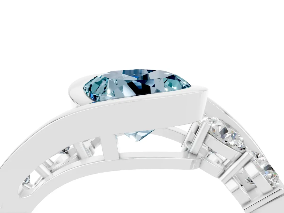 Bezel Set Round Cut Aquamarine Bypass Ring with Round Accents Silver