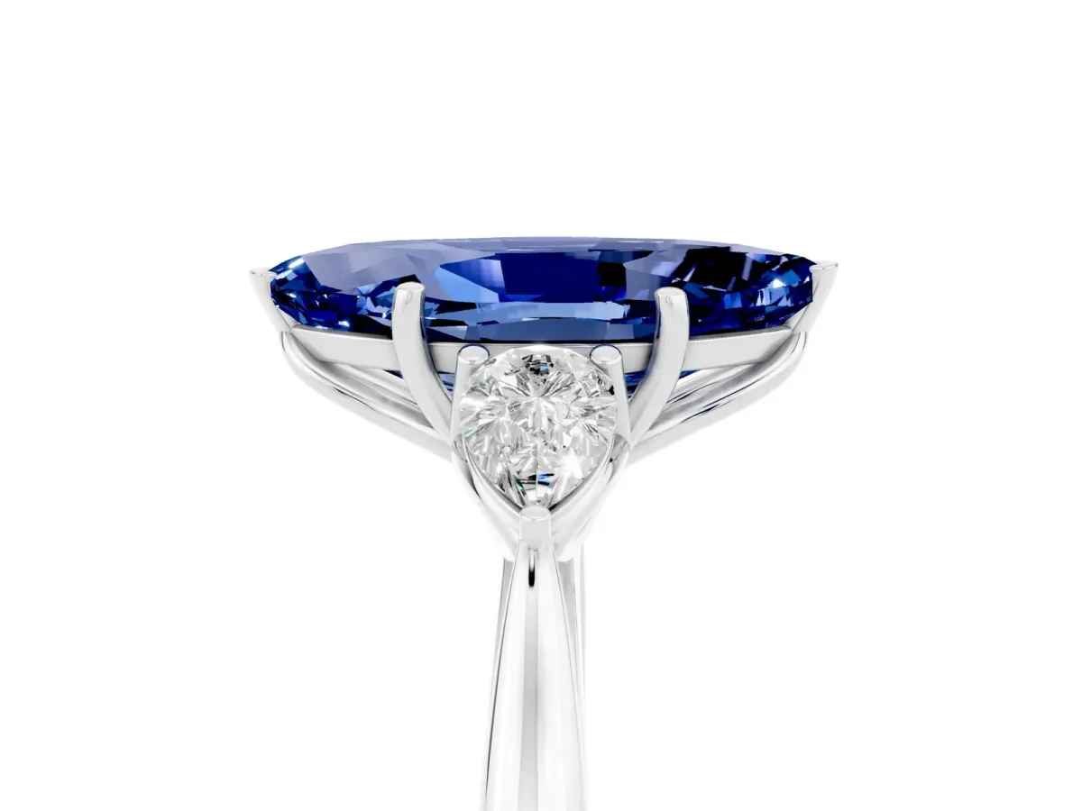 Marquise Cut Blue Sapphire Three-Stone Ring with Pear Side Stones and Prong Setting Silver